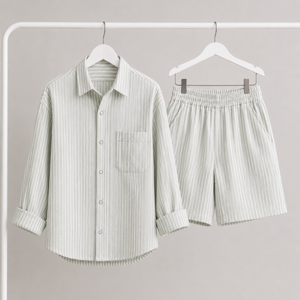 *Dziecięcy komplet muślinowy: koszula (krótki lub długi rękaw) oraz szorty lub spodnie do wyboru „Oliwkowe paski”  
